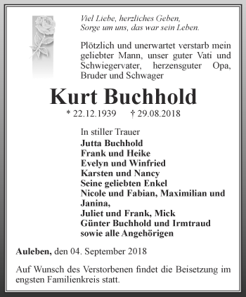 Traueranzeige von Kurt Buchhold von Thüringer Allgemeine