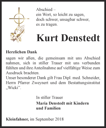 Traueranzeige von Kurt Dennstedt von Thüringer Allgemeine, Thüringische Landeszeitung