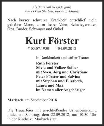 Traueranzeige von Kurt Förster von Thüringer Allgemeine, Thüringische Landeszeitung