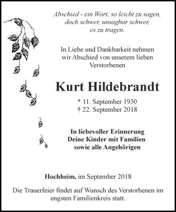 Traueranzeige von Kurt Hildebrandt von Ostthüringer Zeitung, Thüringische Landeszeitung