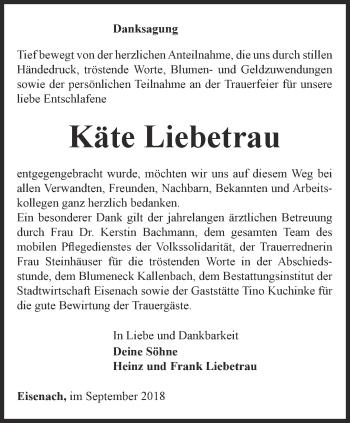 Traueranzeige von Käte Liebetrau von Thüringer Allgemeine, Thüringische Landeszeitung