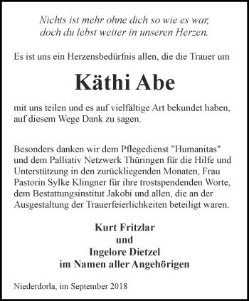 Traueranzeige von Käthi Abe von Thüringer Allgemeine, Thüringische Landeszeitung