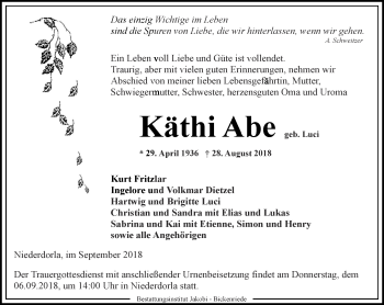 Traueranzeige von Käthi Abe von Thüringer Allgemeine, Thüringische Landeszeitung