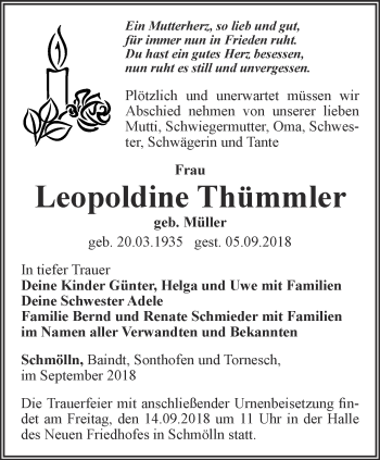 Traueranzeige von Leopoldine Thümmler von Ostthüringer Zeitung