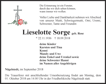 Traueranzeige von Lieselotte Sorge von Thüringer Allgemeine, Thüringische Landeszeitung