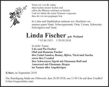 Traueranzeige von Linda Fischer von Thüringer Allgemeine, Thüringische Landeszeitung