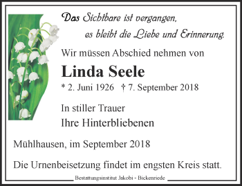 Traueranzeige von Linda Seele von Thüringer Allgemeine, Thüringische Landeszeitung