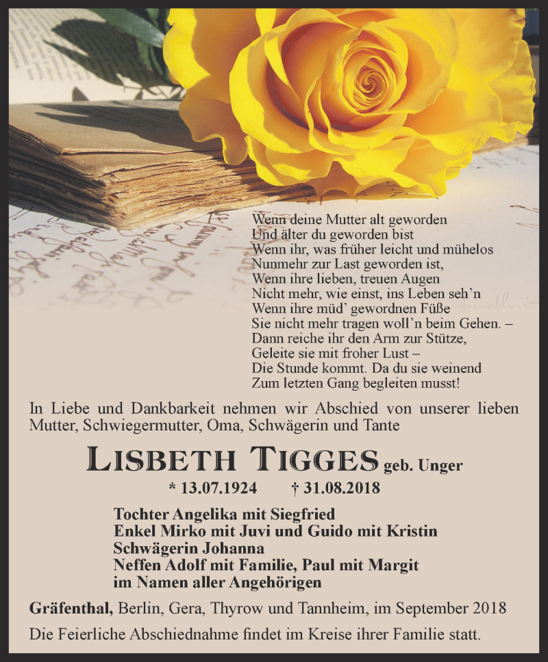  Traueranzeige für Lisbeth Tigges vom 08.09.2018 aus Ostthüringer Zeitung