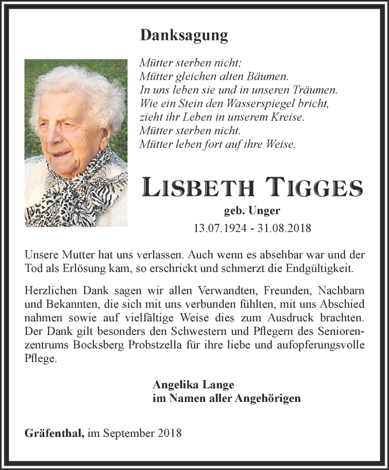  Traueranzeige für Lisbeth Tigges vom 29.09.2018 aus Ostthüringer Zeitung