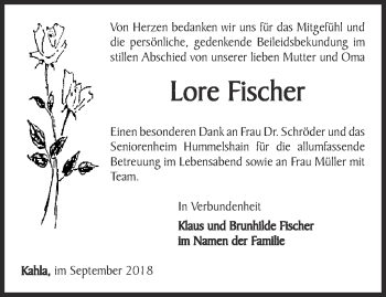 Traueranzeige von Lore Fischer von Ostthüringer Zeitung, Thüringische Landeszeitung