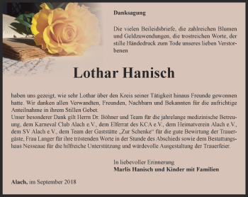 Traueranzeige von Lothar Hanisch von Thüringer Allgemeine, Thüringische Landeszeitung