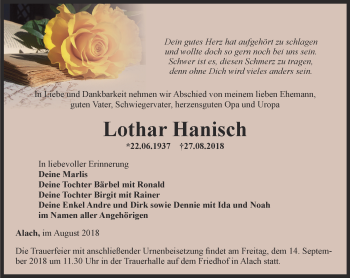 Traueranzeige von Lothar Hanisch von Thüringer Allgemeine, Thüringische Landeszeitung