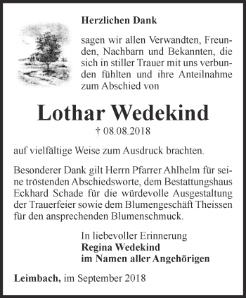 Traueranzeige von Lothar Wedekind von Thüringer Allgemeine