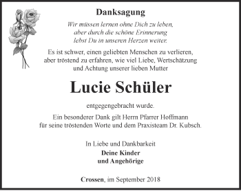 Traueranzeige von Lucie Schüler von Ostthüringer Zeitung