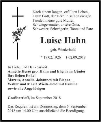 Traueranzeige von Luise Hahn von Thüringer Allgemeine