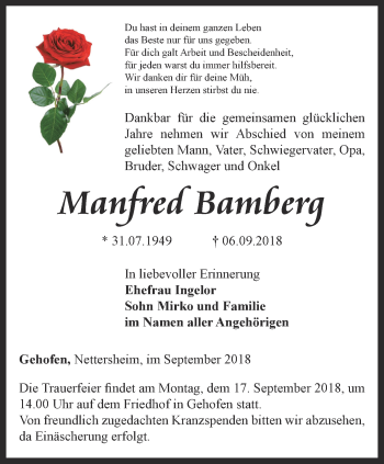 Traueranzeige von Manfred Bamberg von Thüringer Allgemeine