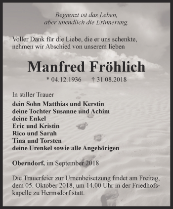 Traueranzeige von Manfred Fröhlich von Ostthüringer Zeitung