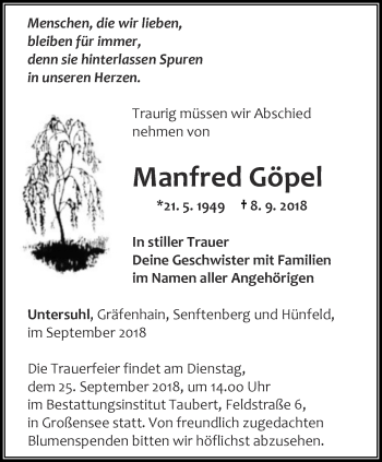 Traueranzeige von Manfred Göpel von Thüringer Allgemeine, Thüringische Landeszeitung