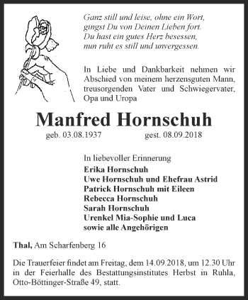 Traueranzeige von Manfred Hornschuh von Thüringer Allgemeine, Thüringische Landeszeitung
