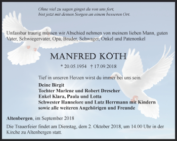 Traueranzeige von Manfred Köth von Ostthüringer Zeitung, Thüringische Landeszeitung