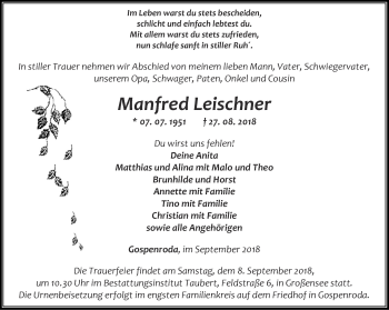 Traueranzeige von Manfred Leischner von Thüringer Allgemeine, Thüringische Landeszeitung