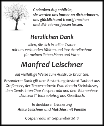 Traueranzeige von Manfred Leischner von Thüringer Allgemeine, Thüringische Landeszeitung