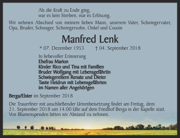 Traueranzeige von Manfred Lenk von Ostthüringer Zeitung