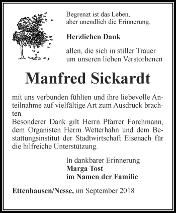 Traueranzeige von Manfred Sickardt von Thüringer Allgemeine, Thüringische Landeszeitung