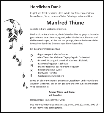 Traueranzeige von Manfred Thüne von Thüringer Allgemeine