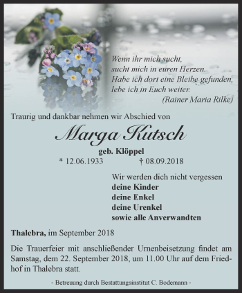 Traueranzeige von Marga Kutsch von Thüringer Allgemeine