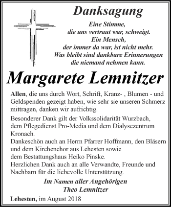 Traueranzeige von Margarete Lemnitzer von Ostthüringer Zeitung