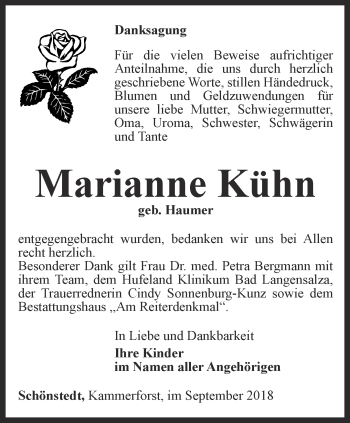 Traueranzeige von Marianne Kühn von Thüringer Allgemeine, Thüringische Landeszeitung