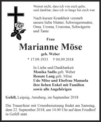 Traueranzeige von Marianne Möse von Ostthüringer Zeitung