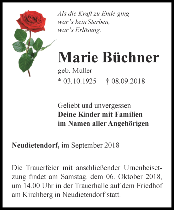 Traueranzeige von Marie Büchner von Thüringer Allgemeine, Thüringische Landeszeitung