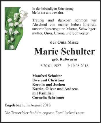 Traueranzeige von Marie Schulter von Ostthüringer Zeitung, Thüringische Landeszeitung