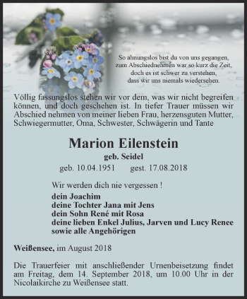 Traueranzeige von Marion Eilenstein von Thüringer Allgemeine