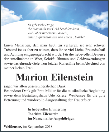 Traueranzeige von Marion Eilenstein von Thüringer Allgemeine