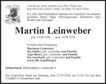 Traueranzeige von Martin Leinweber von Ostthüringer Zeitung, Thüringische Landeszeitung