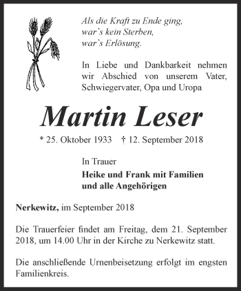 Traueranzeige von Martin Leser von Ostthüringer Zeitung, Thüringische Landeszeitung