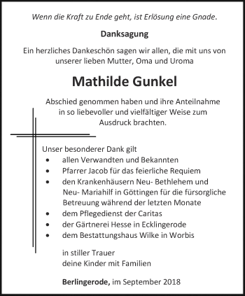 Traueranzeige von Mathilde Gunkel von Thüringer Allgemeine