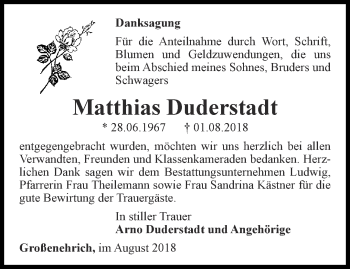 Traueranzeige von Matthias Duderstadt von Thüringer Allgemeine