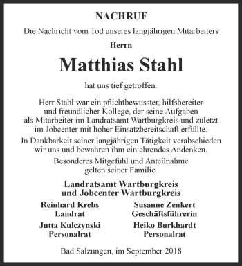 Traueranzeige von Matthias Stahl von Thüringer Allgemeine, Thüringische Landeszeitung