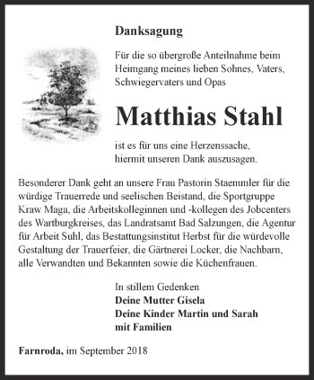 Traueranzeige von Matthias Stahl von Thüringer Allgemeine, Thüringische Landeszeitung