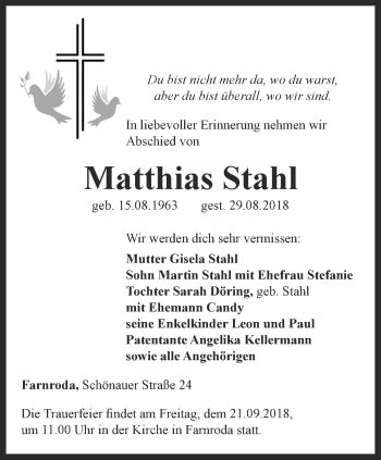 Traueranzeige von Matthias Stahl von Thüringer Allgemeine, Thüringische Landeszeitung