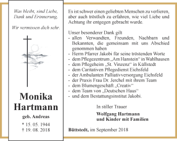 Traueranzeige von Monika Hartmann von Thüringer Allgemeine