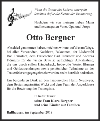 Traueranzeige von Otto Bergner von Thüringer Allgemeine, Thüringische Landeszeitung