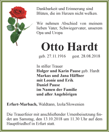 Traueranzeige von Otto Hardt von Thüringer Allgemeine, Thüringische Landeszeitung