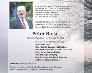 Traueranzeige von Peter Riese von Thüringer Allgemeine