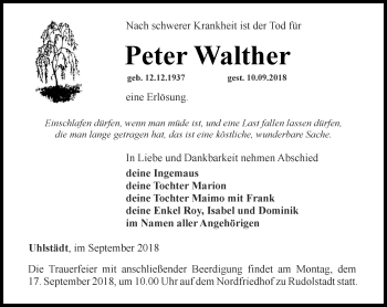 Traueranzeige von Peter Walther von Ostthüringer Zeitung