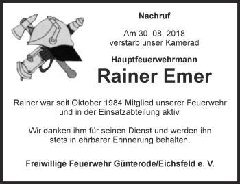 Traueranzeige von Rainer Emer von Thüringer Allgemeine